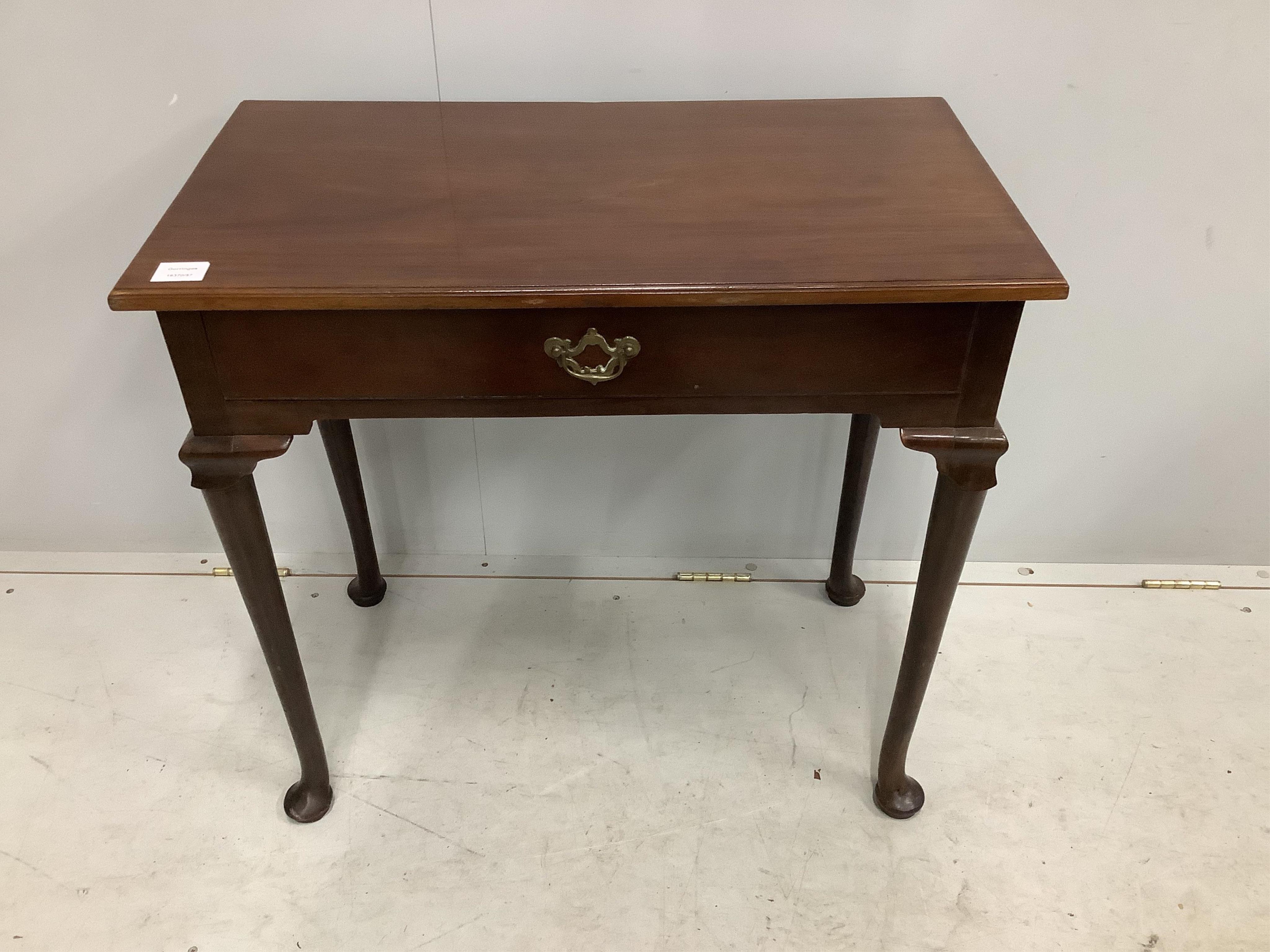 A George III mahogany side table, fitted with one drawer, width 76cm, depth 41cm, height 71cm. Condition - fair